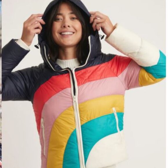 Marine Layer Women's Apres Puffer Navy Rainbow Wave - S NWT - Picture 2 of 9